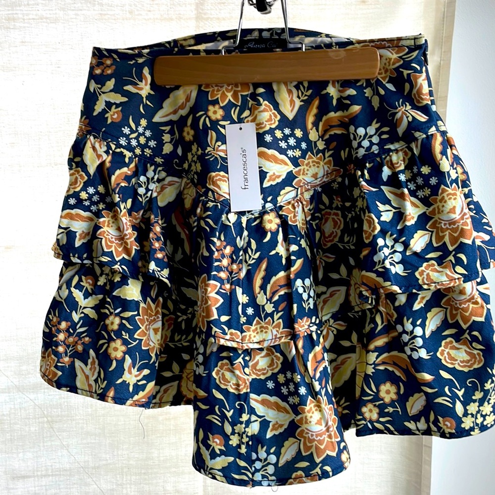 NWT Anna Cai floral mini skirt tiered ruffled medium Navy Blue